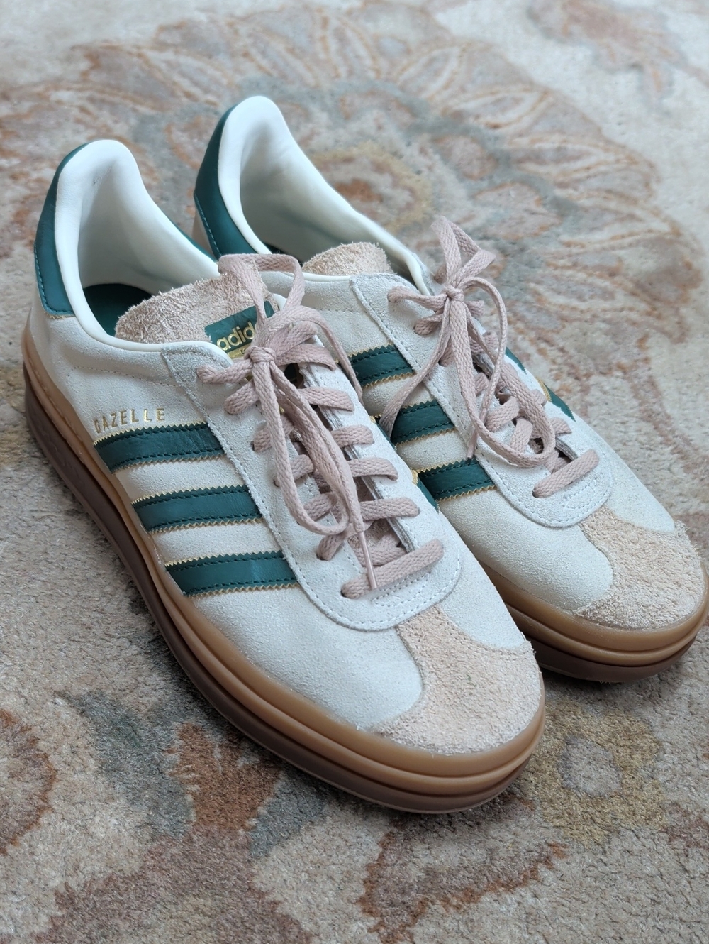 Adidas Gazelle Bold Collegiate Suede Sneakers in Cream & Green